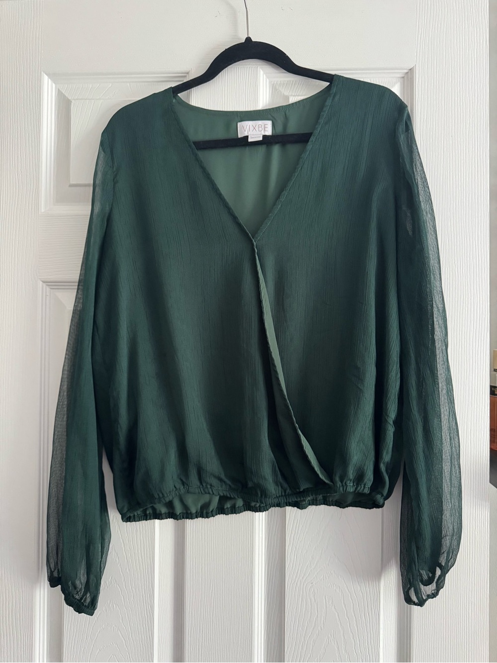 Forest Green V-Neck Sheer Long-Sleeve Blouse